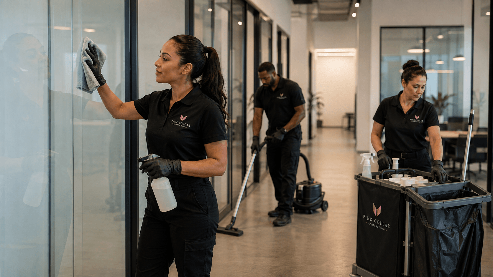 Three cleaning staff members cleaning glass walls and surfaces in an office environment, one wiping glass, others cleaning desks.
