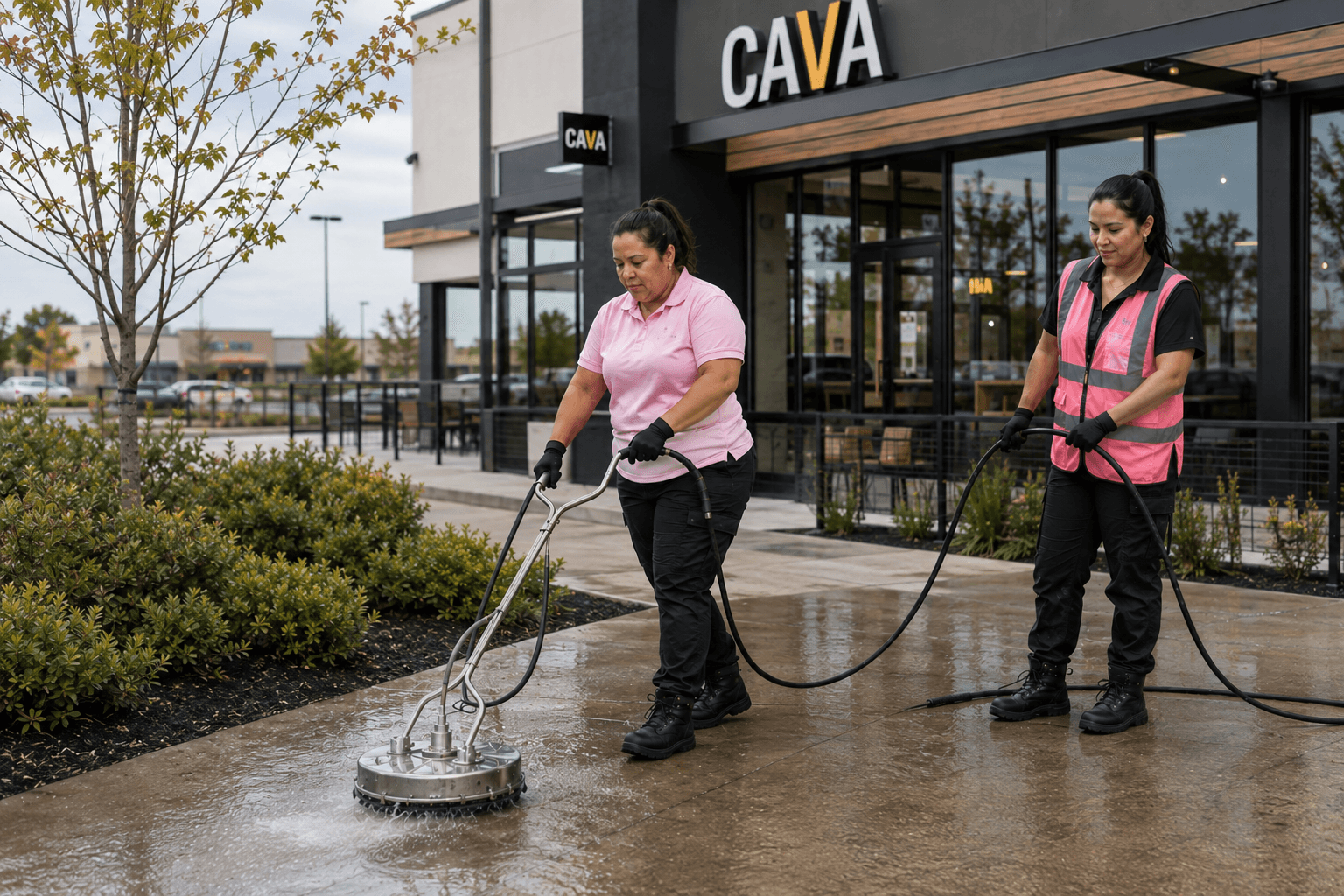 Two workers clean sidewalk outside a building with a sign reading CAVA, using a floor scrubber and a hose.