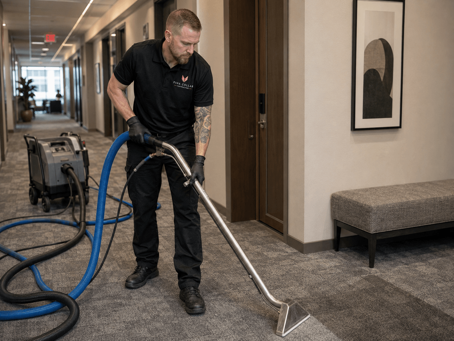 Man vacuuming carpet in hallway with framed artwork and bench, carrying a vacuum cleaner with blue hose.