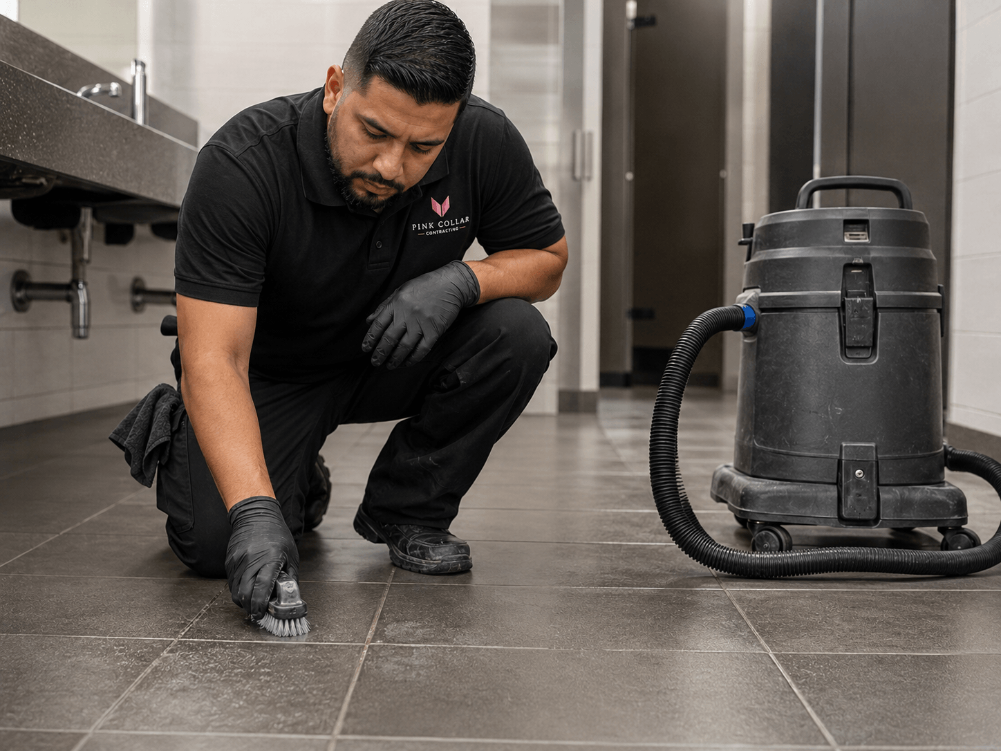 Man cleaning floor tiles with a cloth, kneeling on one knee in a commercial kitchen, vacuum cleaner nearby.