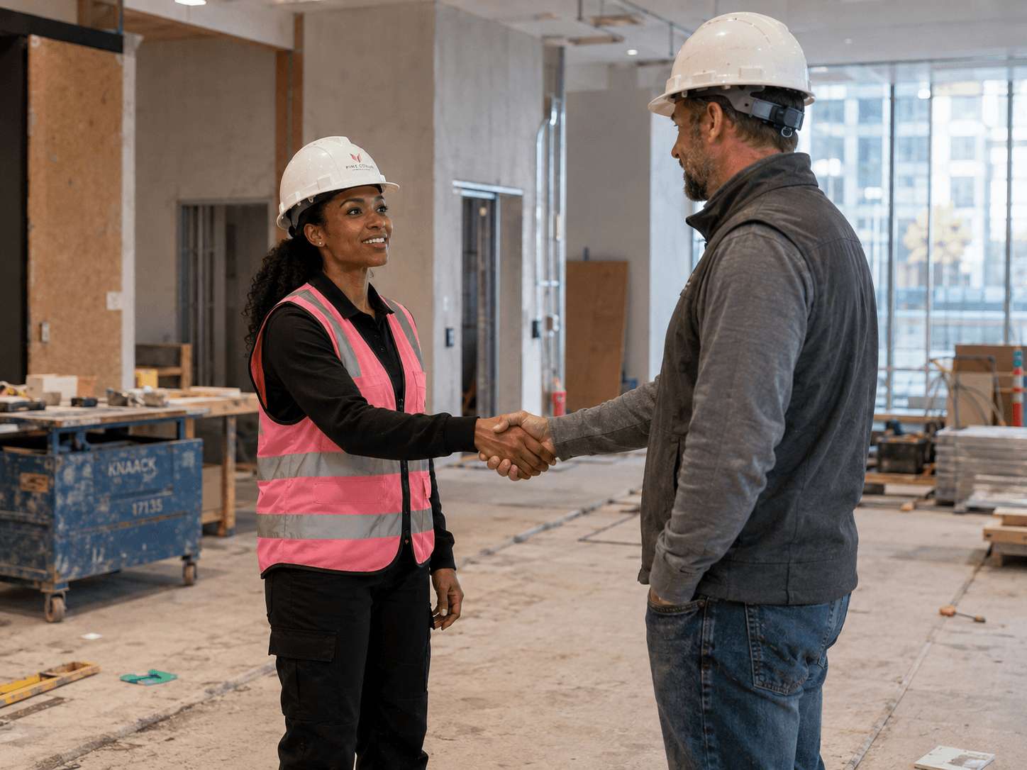 Two people in safety helmets shaking hands inside a construction site with building materials and large windows.