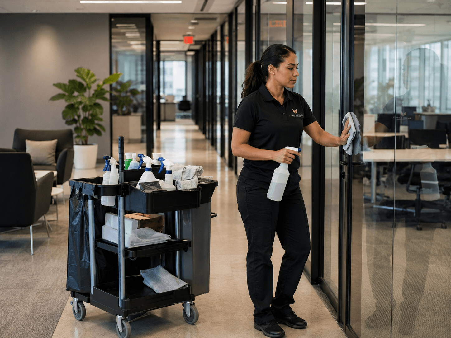 A woman in black uniform cleaning glass walls in an office corridor with a cleaning cart nearby.