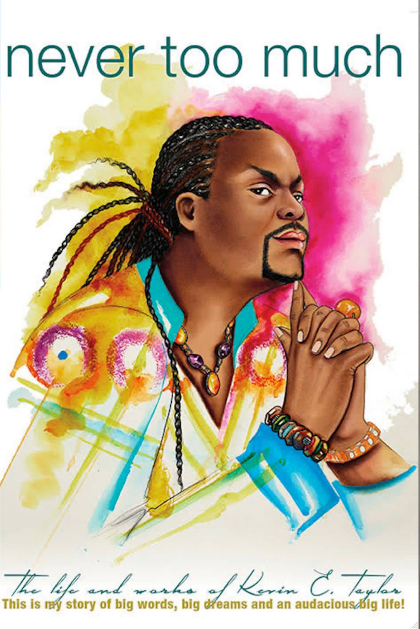 Portrait of a man with braided hair, wearing colorful clothing and jewelry, with a pink and yellow watercolor background.