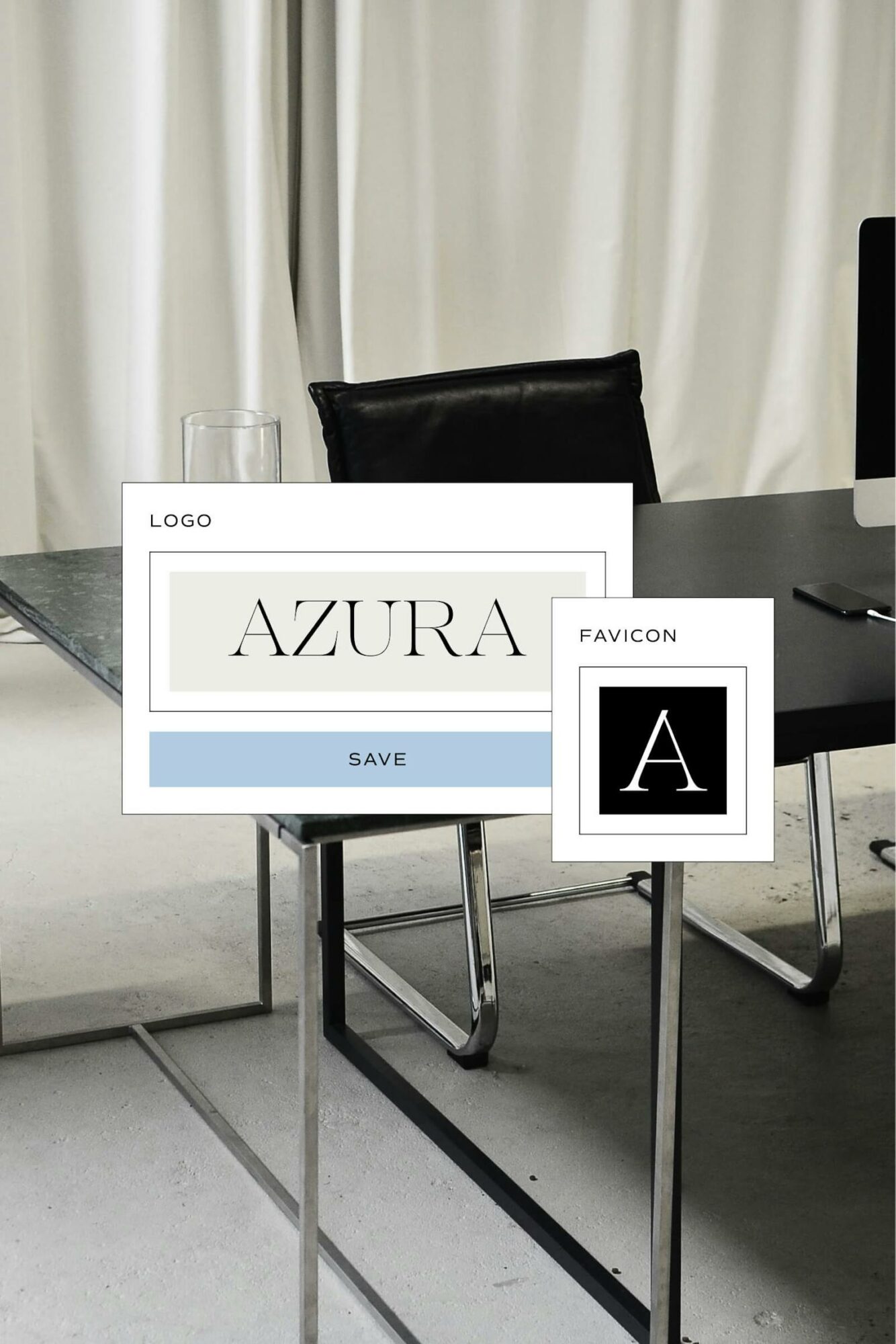 Conference room with a black chair, a table, and a white curtain backdrop, with a logo and favicon overlay.