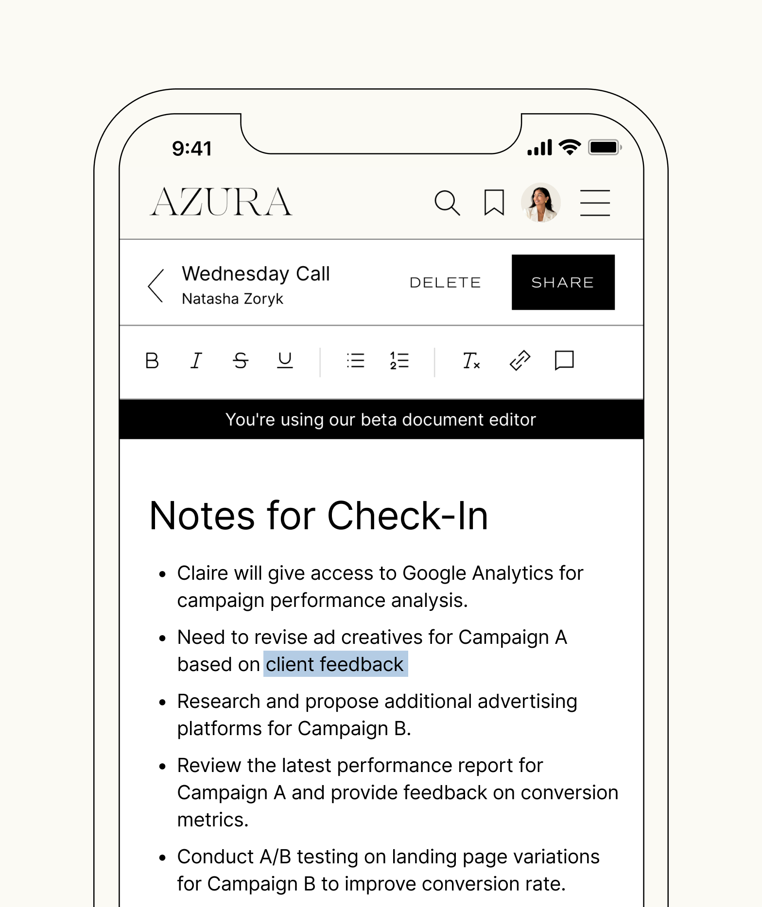 Screenshot of a mobile device displaying notes for check-in, including campaign details and feedback, with a black header and white background.