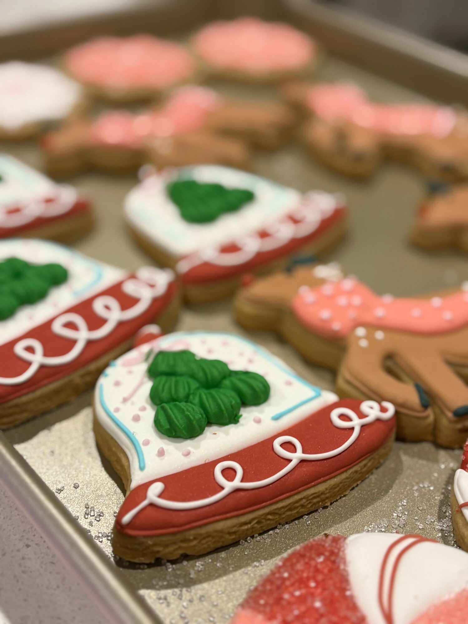 Decorated Christmas cookies with green holly leaves, red and white icing, and pink and white sprinkles on a baking sheet.