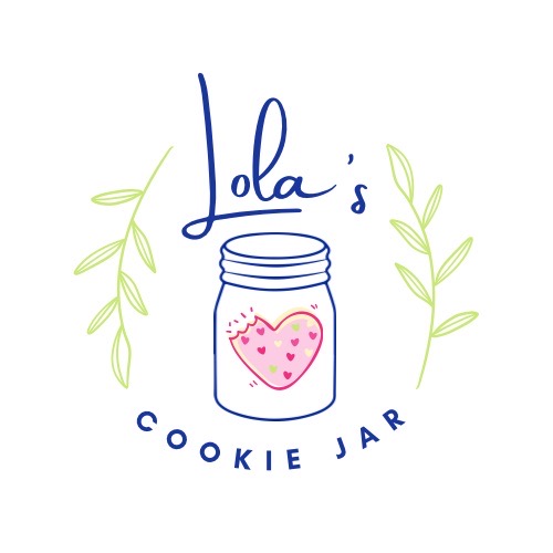 Logo with handwritten text, a jar with a heart, and leafy decorations, reading 'Lola's Cookie Jar'.