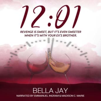 Clock showing 12:01 with two wine glasses clinking, pink and red background, book title and author below.
