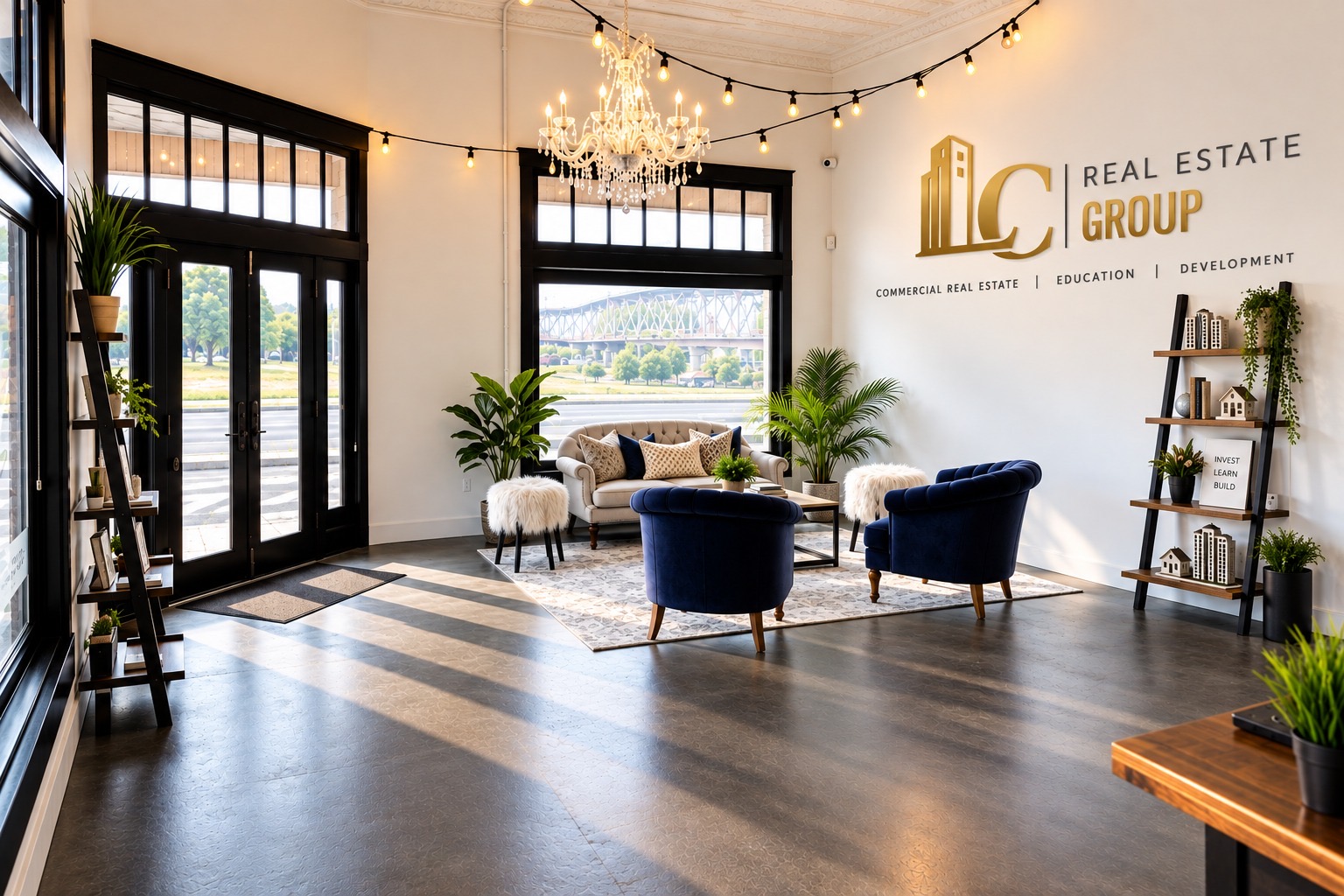 Modern office lounge with large windows, a chandelier, two blue armchairs, a sofa, and decorative plants, with a logo on the wall.
