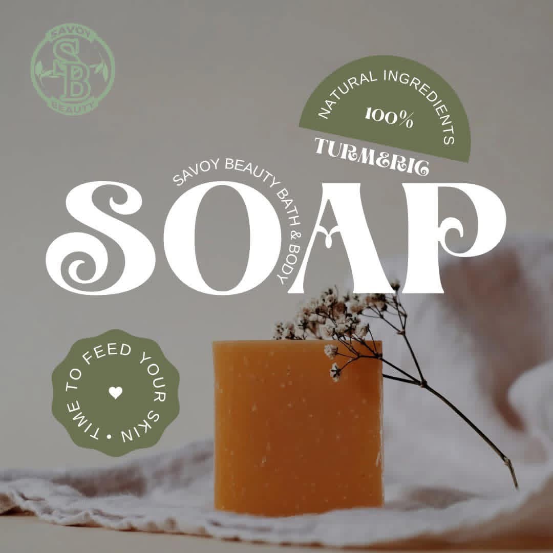 A soap bar with a twig on a white cloth, with text about natural ingredients and beauty bath products.