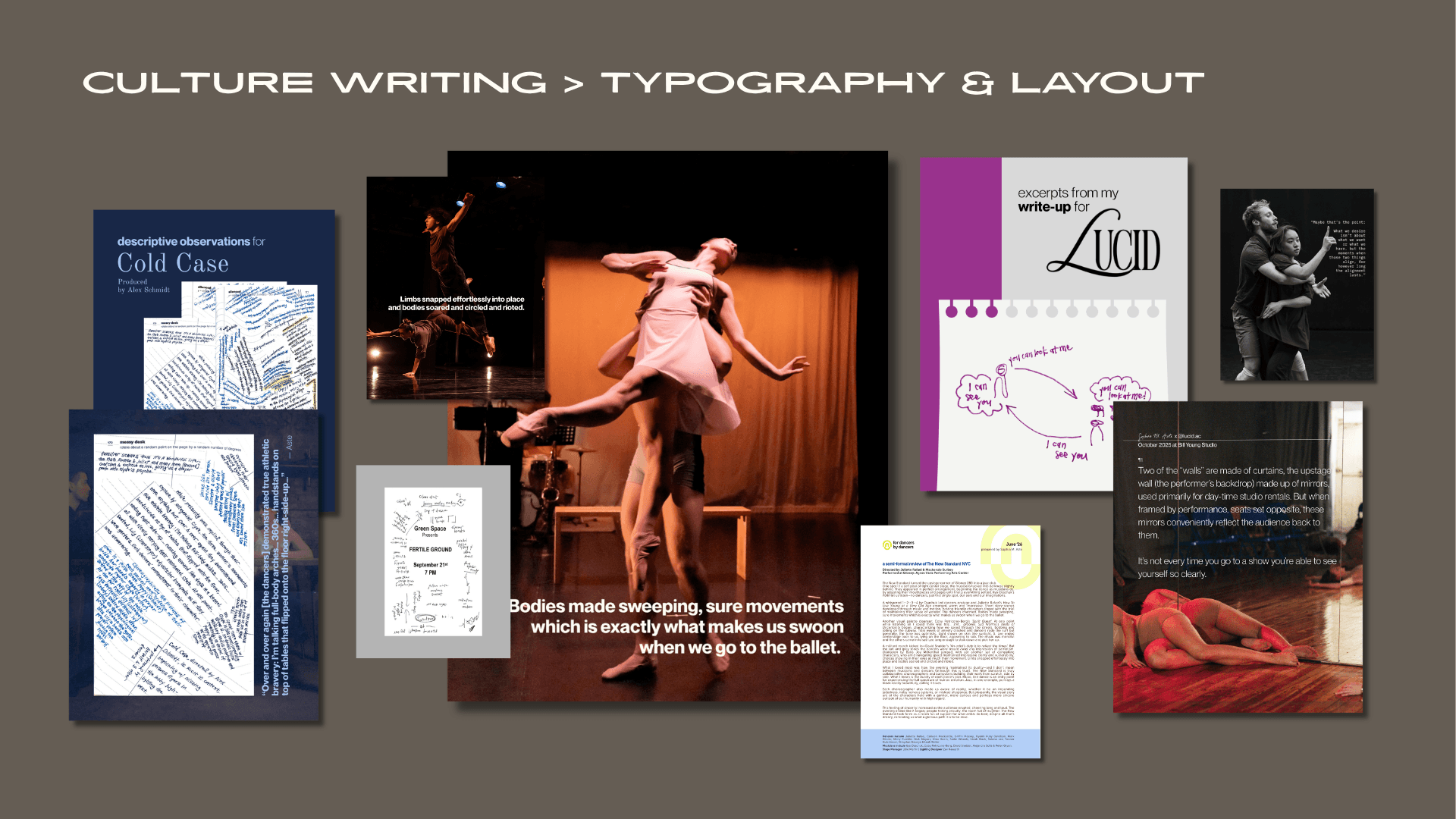 Collection of various typography and layout design images, including text, sketches, and photos of performances and objects.