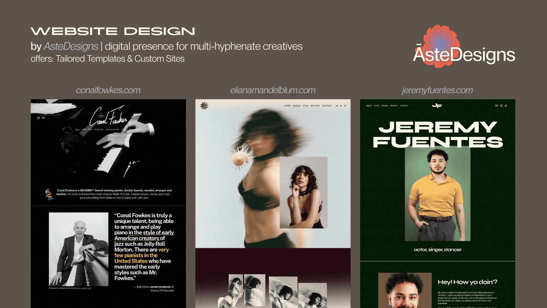 Three website design mockups with images and text, including a person with blurred hair, a woman, and a man in a yellow shirt.