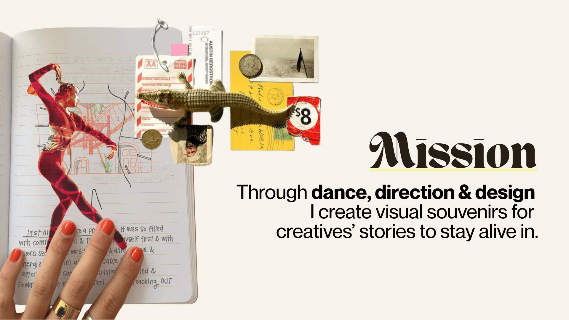 Hand with painted nails points to a collage of images and text on a white background, with the word 'Alisson' and a quote.