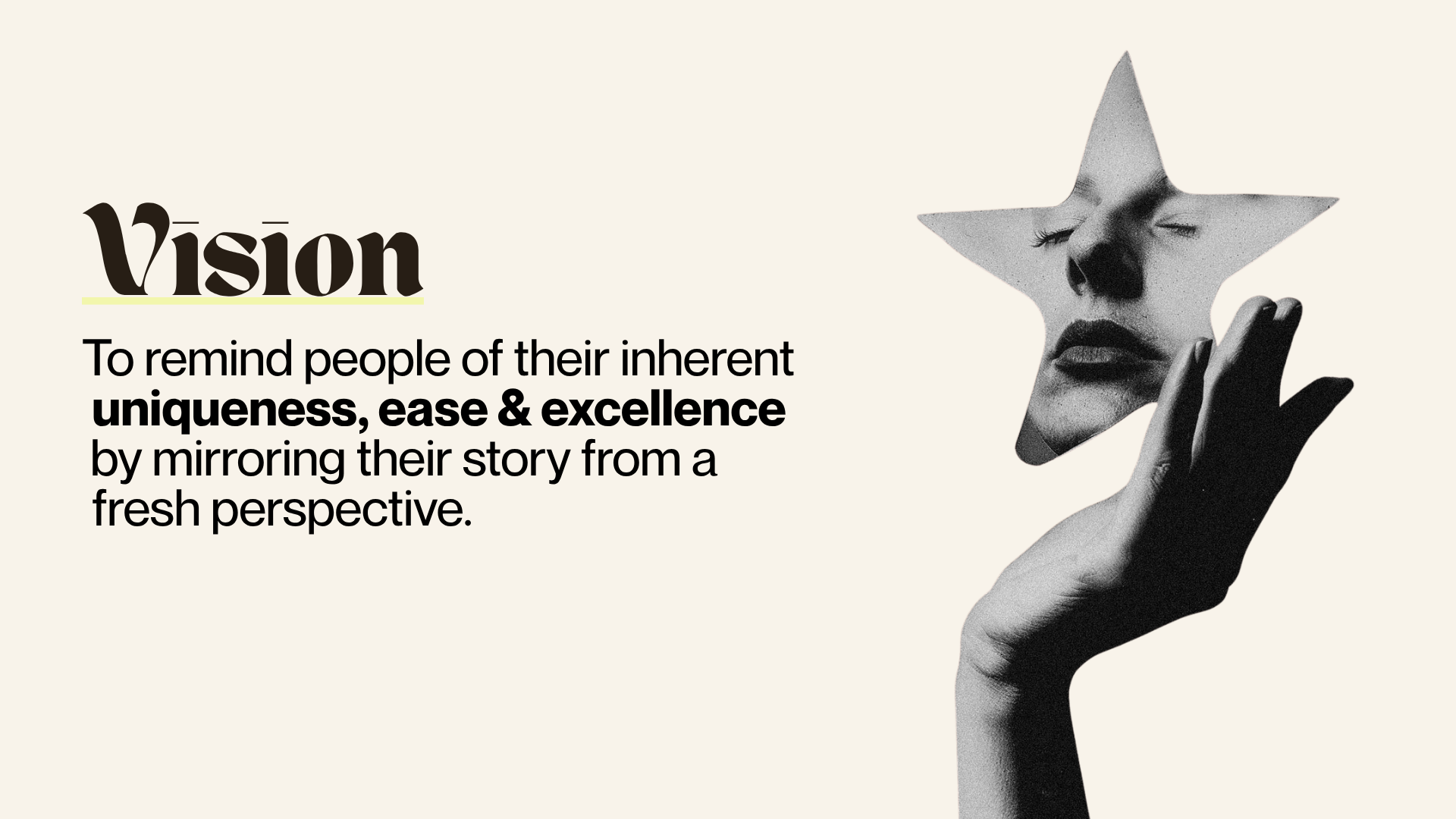Text with the word 'Vision' and a hand holding a star-shaped object with a face, on a light background.