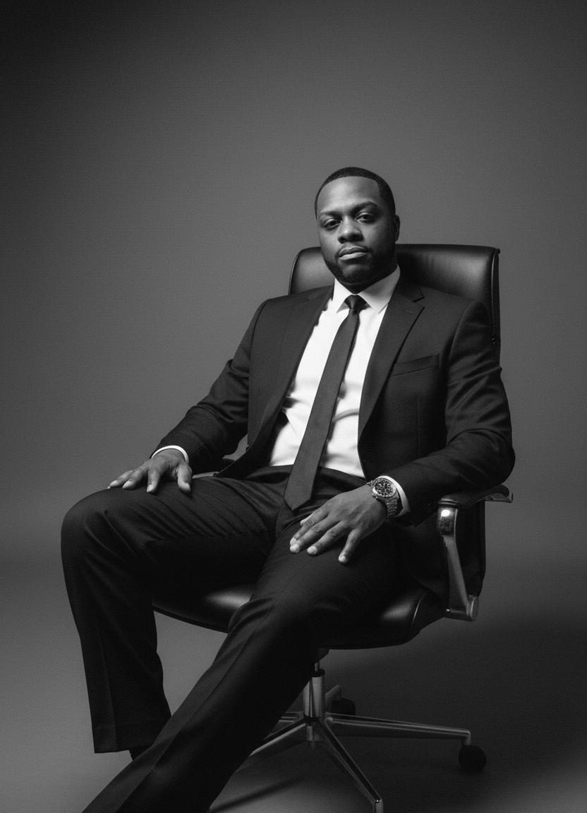 Man in suit sitting in an office chair against a plain background, looking at the camera with a serious expression.