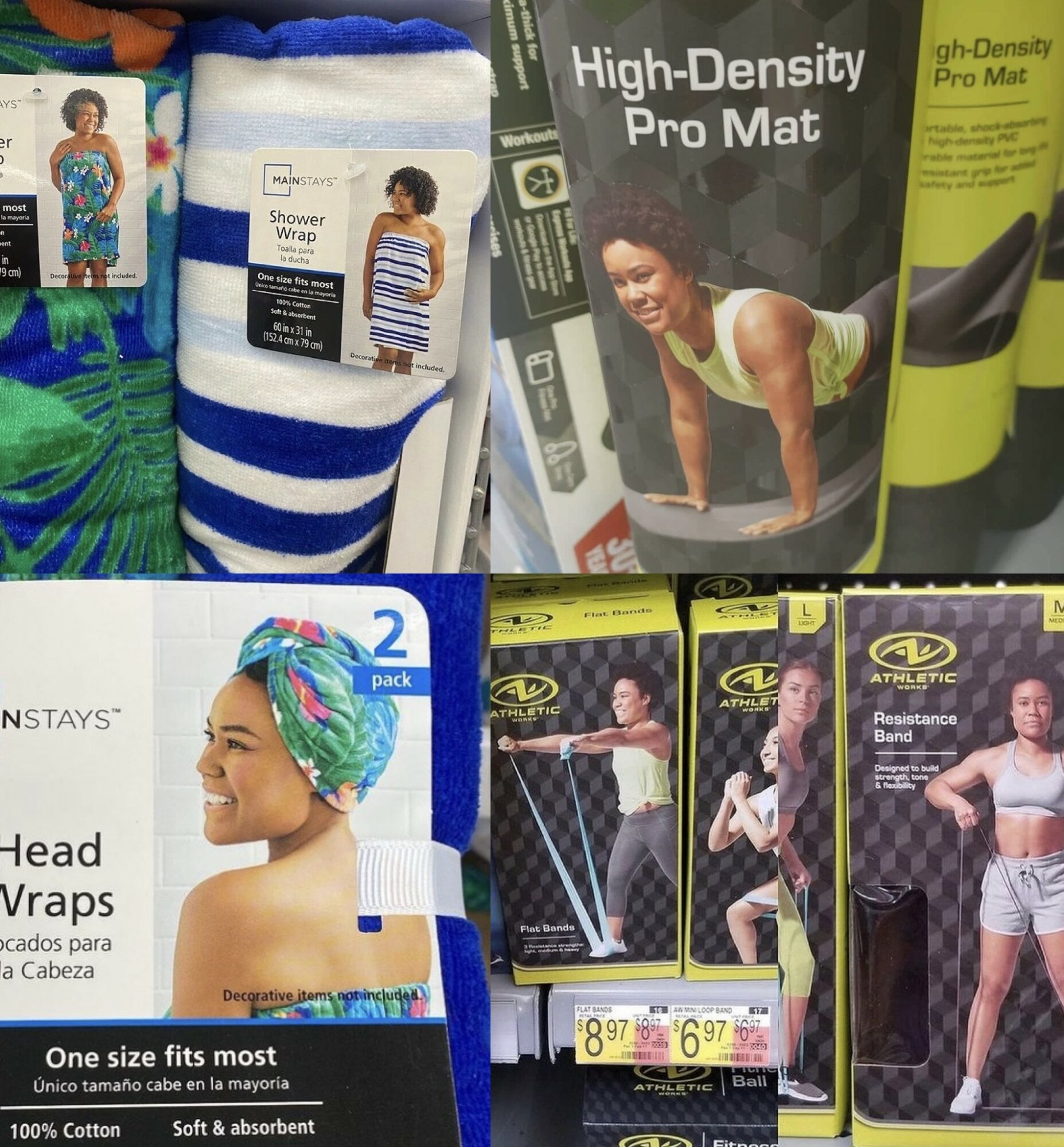Bathroom towels, a high-density pro mat, head wraps, and fitness bands on store shelves.