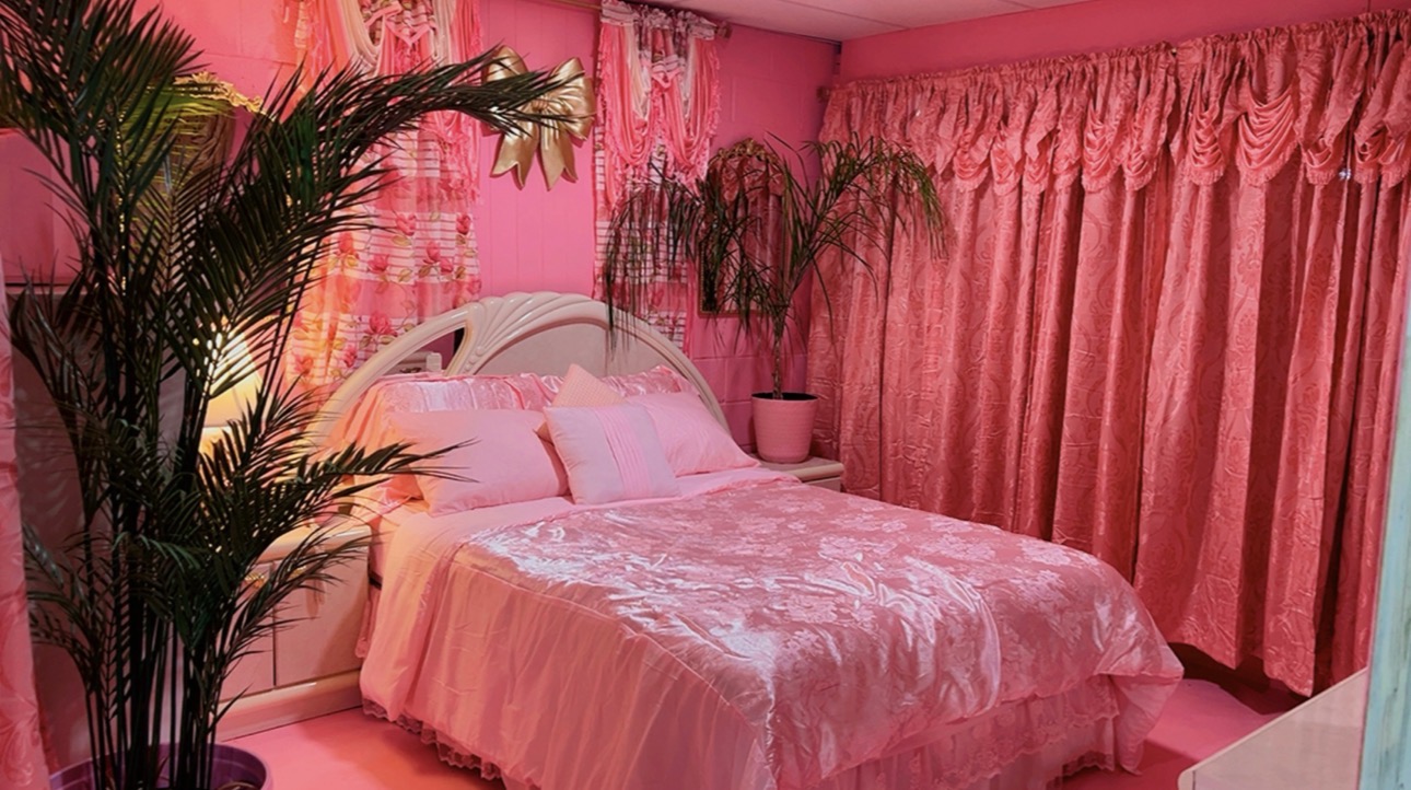 Bedroom with pink curtains, bed with pink bedding, and potted plants, illuminated by pink lighting.
