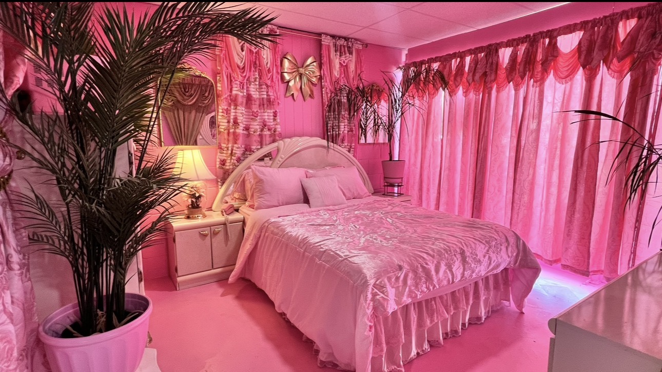 Bedroom with pink walls, curtains, and bedding, decorated with plants and a lamp, bright and colorful.