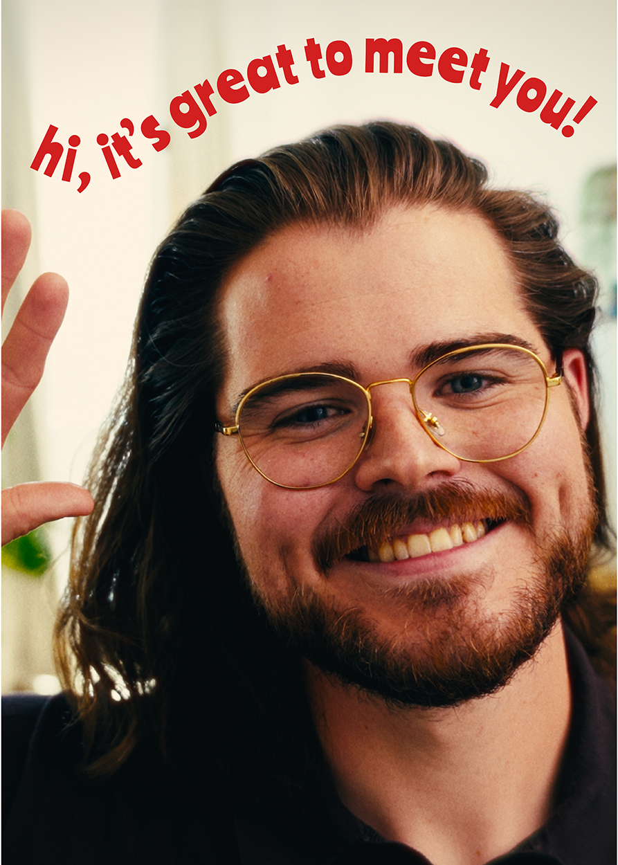 Smiling person with glasses and long hair, waving, with red text above reading 'hi, it's great to meet you!'.