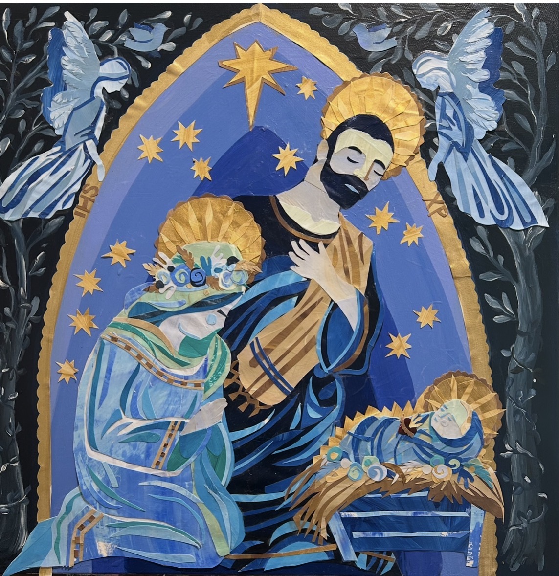 Religious scene with a man and two children, surrounded by stars and angels, in a decorative frame.