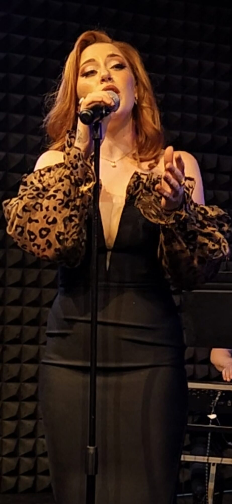 Woman singing into a microphone with a black background, wearing a black dress with leopard print sleeves.