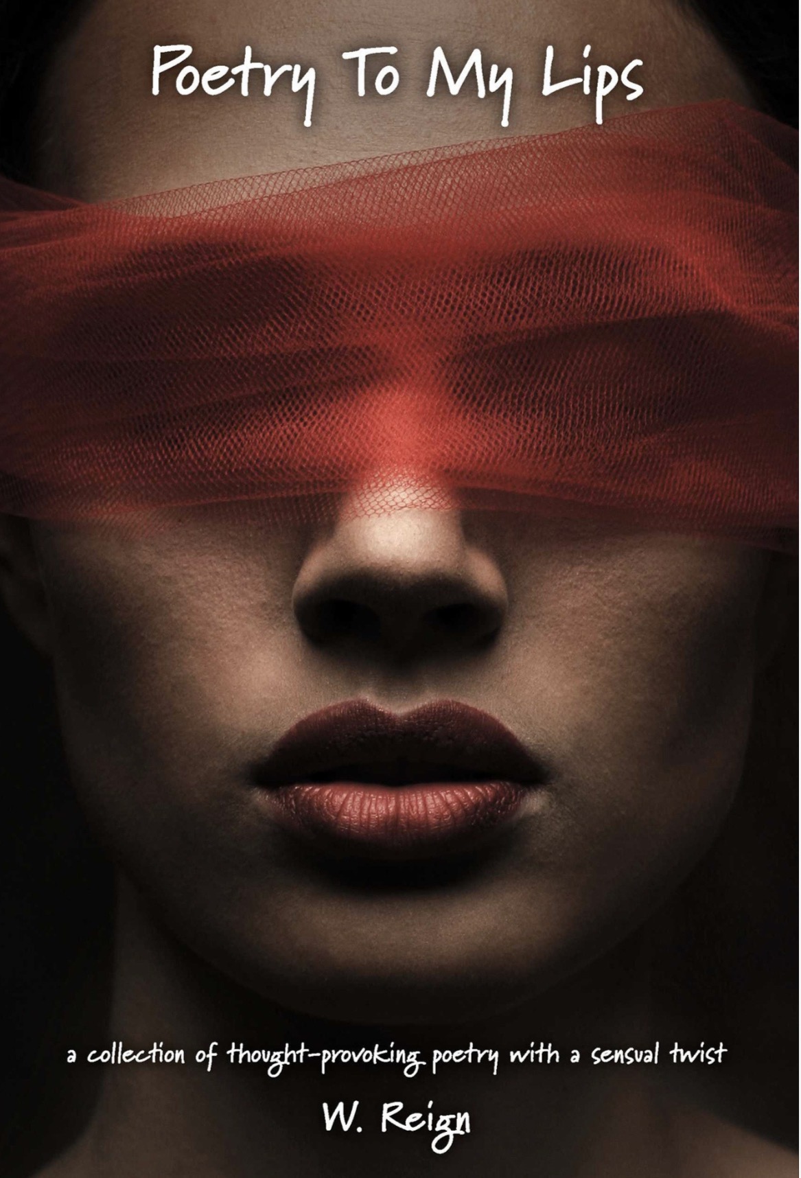 Close-up of a woman's face with a red cloth covering her eyes, lips slightly parted, dark background.