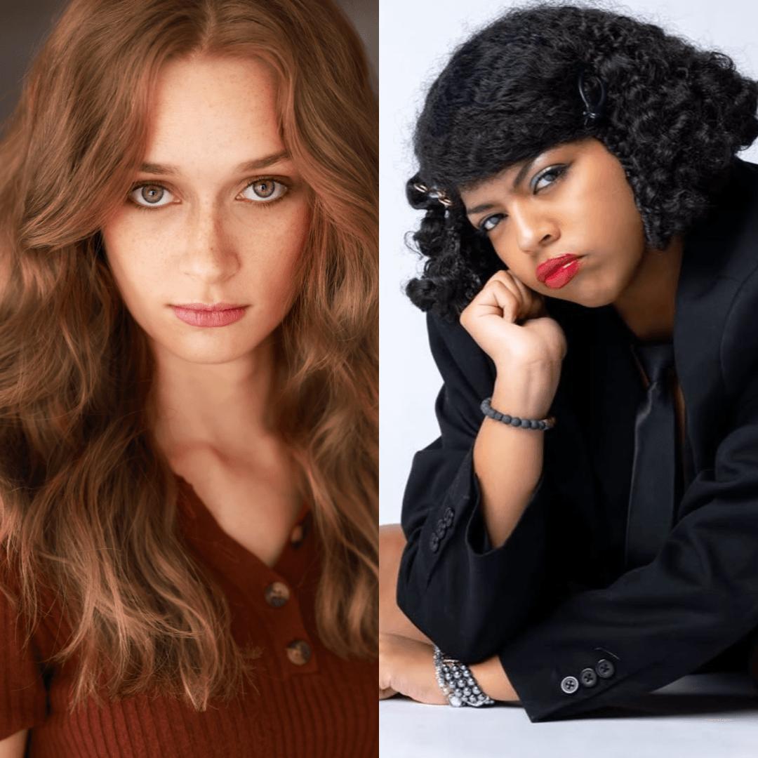 Two women with different hairstyles and expressions, one with long wavy hair and the other with curly hair, resting her chin on her hand.