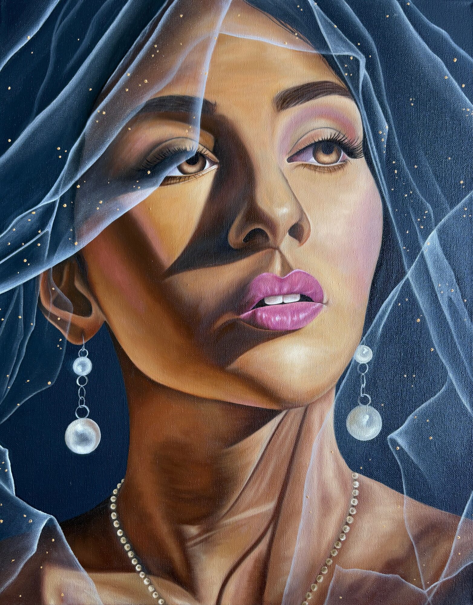 Portrait of a woman with makeup, earrings, and a veil, looking to the side, with detailed facial features and jewelry.