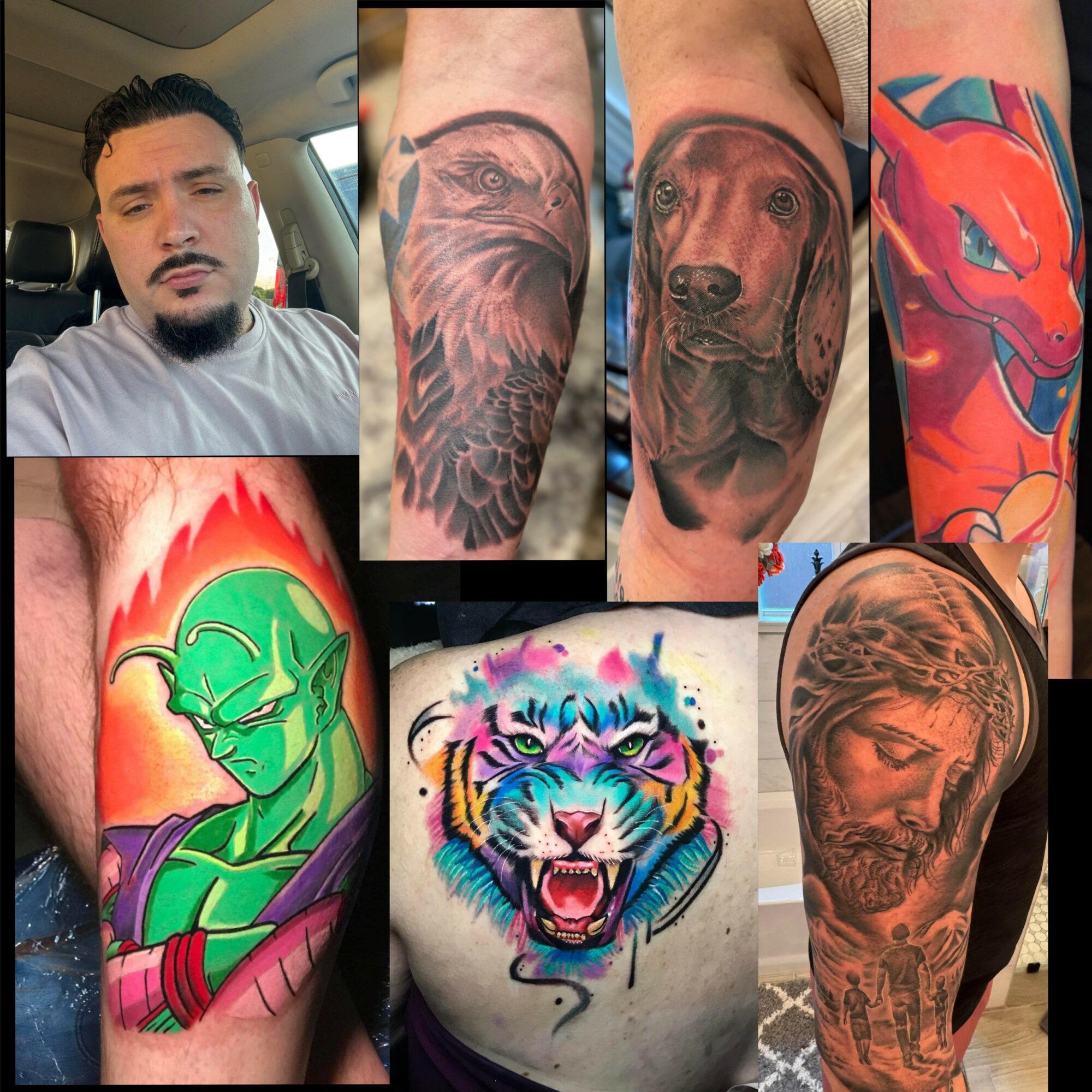 Collage of various tattoos including a man, eagle, dog, dragon, green character, tiger, and a face with a beard.