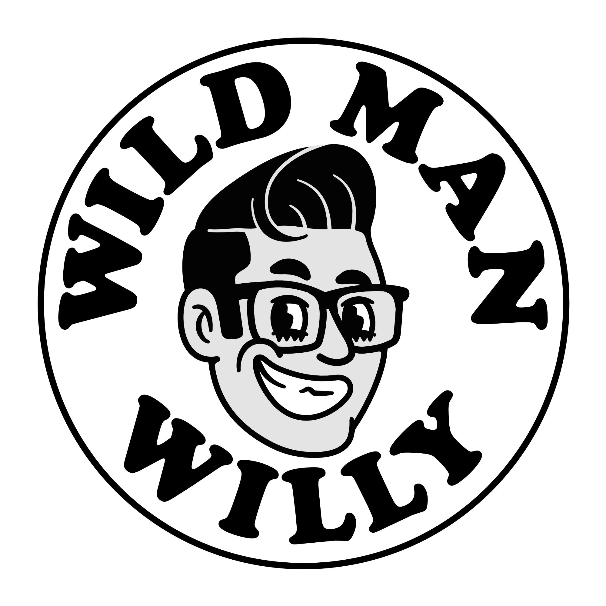 A circular logo with a cartoon face of a smiling person wearing glasses, surrounded by the text 'WILD MAN WILLY'.