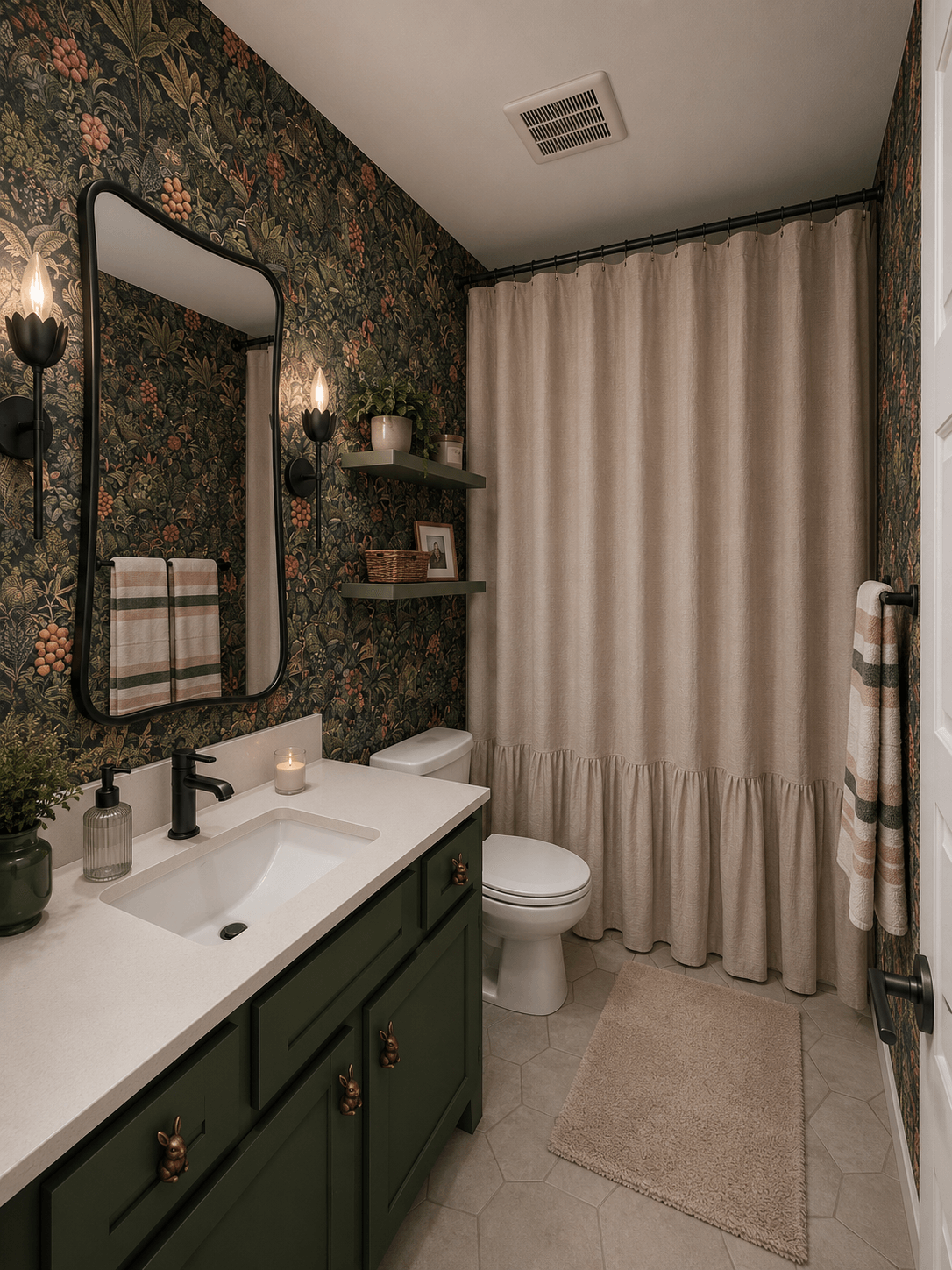 Bathroom with dark floral wallpaper, mirror, sink, toilet, shelves, beige curtains, and a small rug.