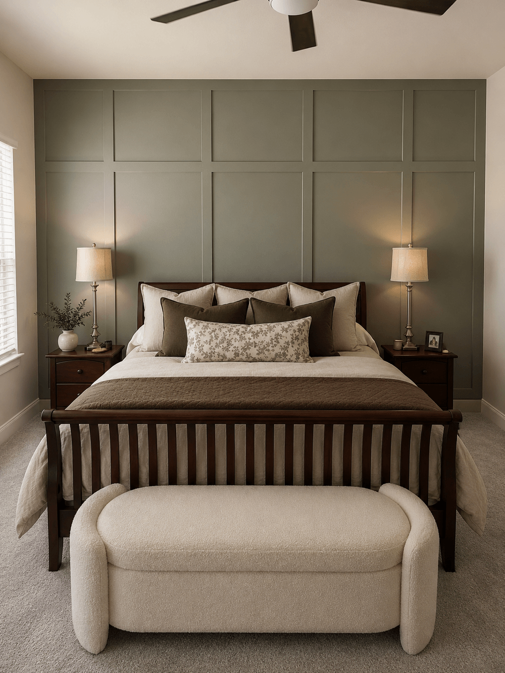 Bedroom with a bed, headboard, two nightstands with lamps, and a bench at the foot of the bed.