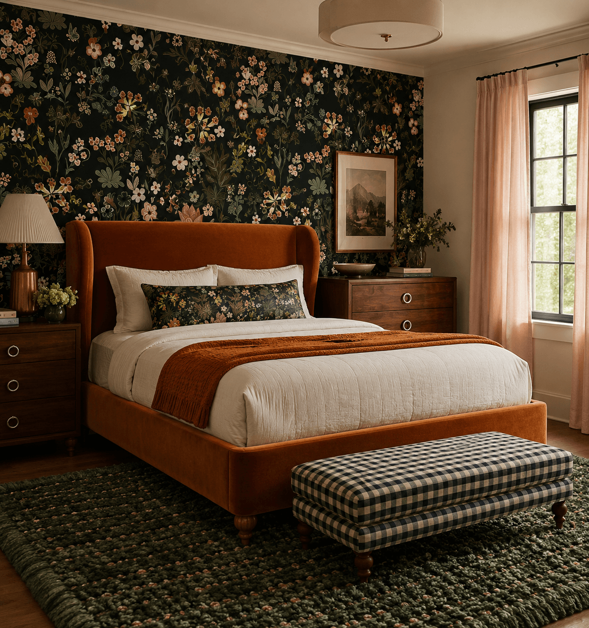 Bedroom with floral wallpaper, bed with orange headboard, checkered bench, and window with pink curtains.