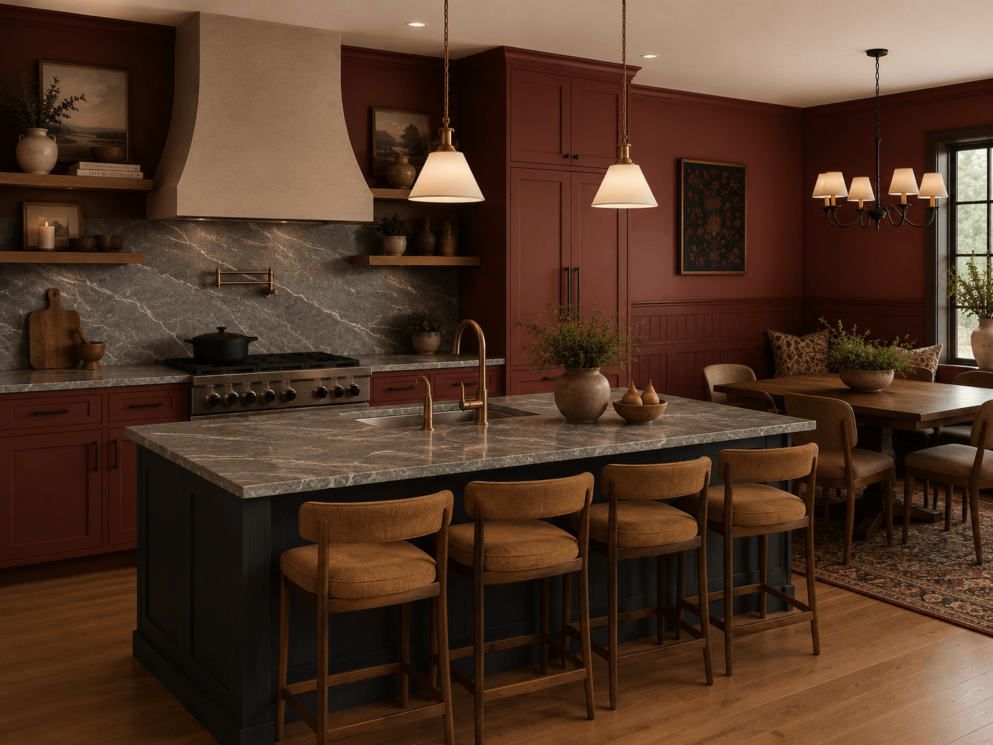 Kitchen with island, pendant lights, and dining area with window, warm wood tones, and modern decor.