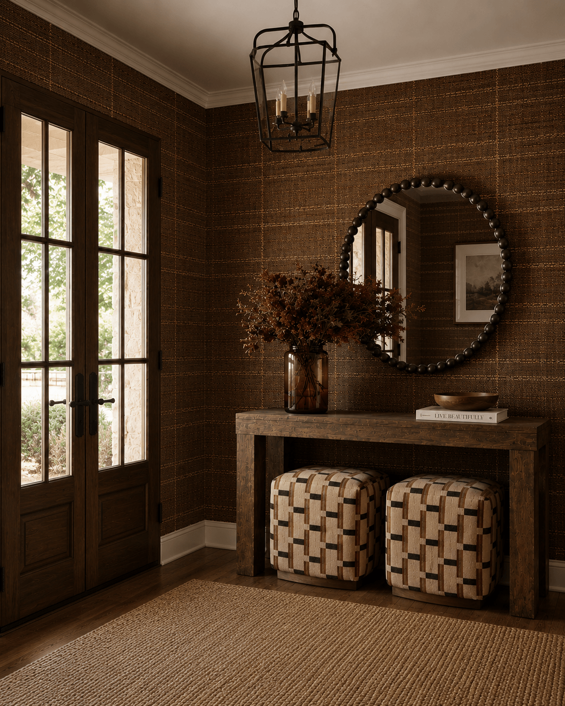 Interior corner with a wooden door, round mirror, console table with a vase of flowers, and two patterned stools, warm lighting.