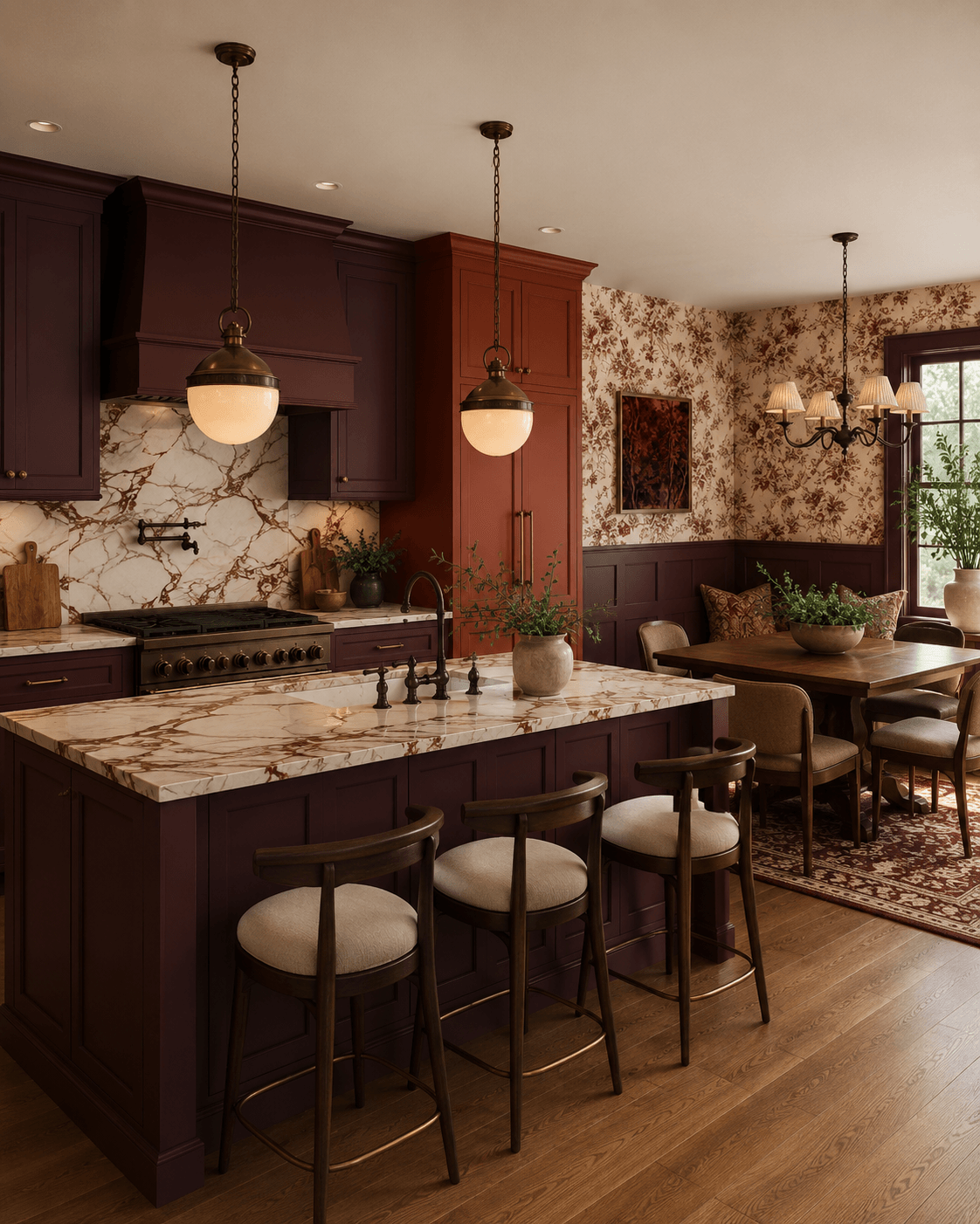Kitchen with dark purple cabinets, marble island, pendant lights, and a dining area with a chandelier and window, hardwood floor.