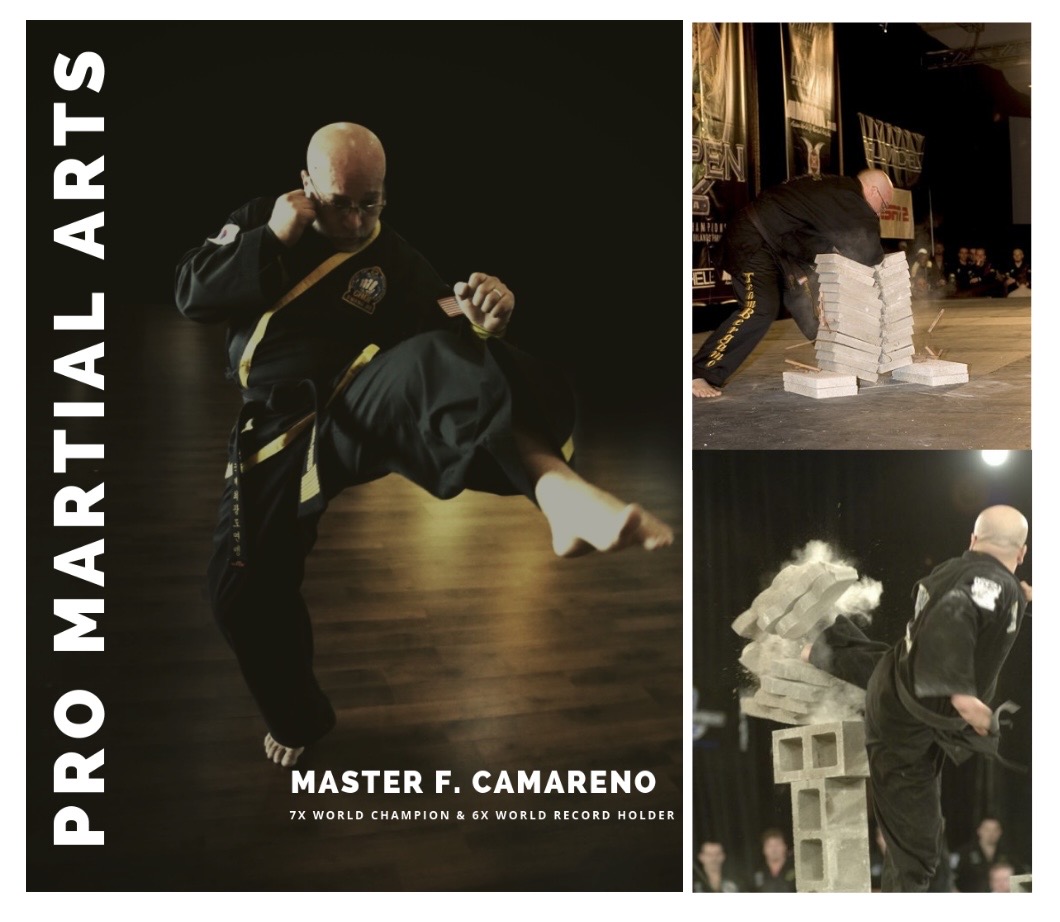 Martial artist practicing kicks, stacking bricks, and performing techniques in training, with text about pro martial arts and master F. Camareno.