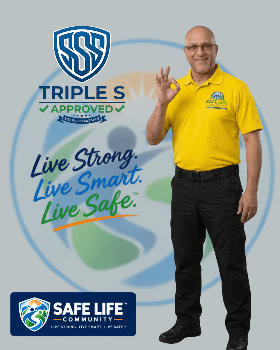 Man in yellow shirt making a peace sign next to a logo and text about safety and approval.