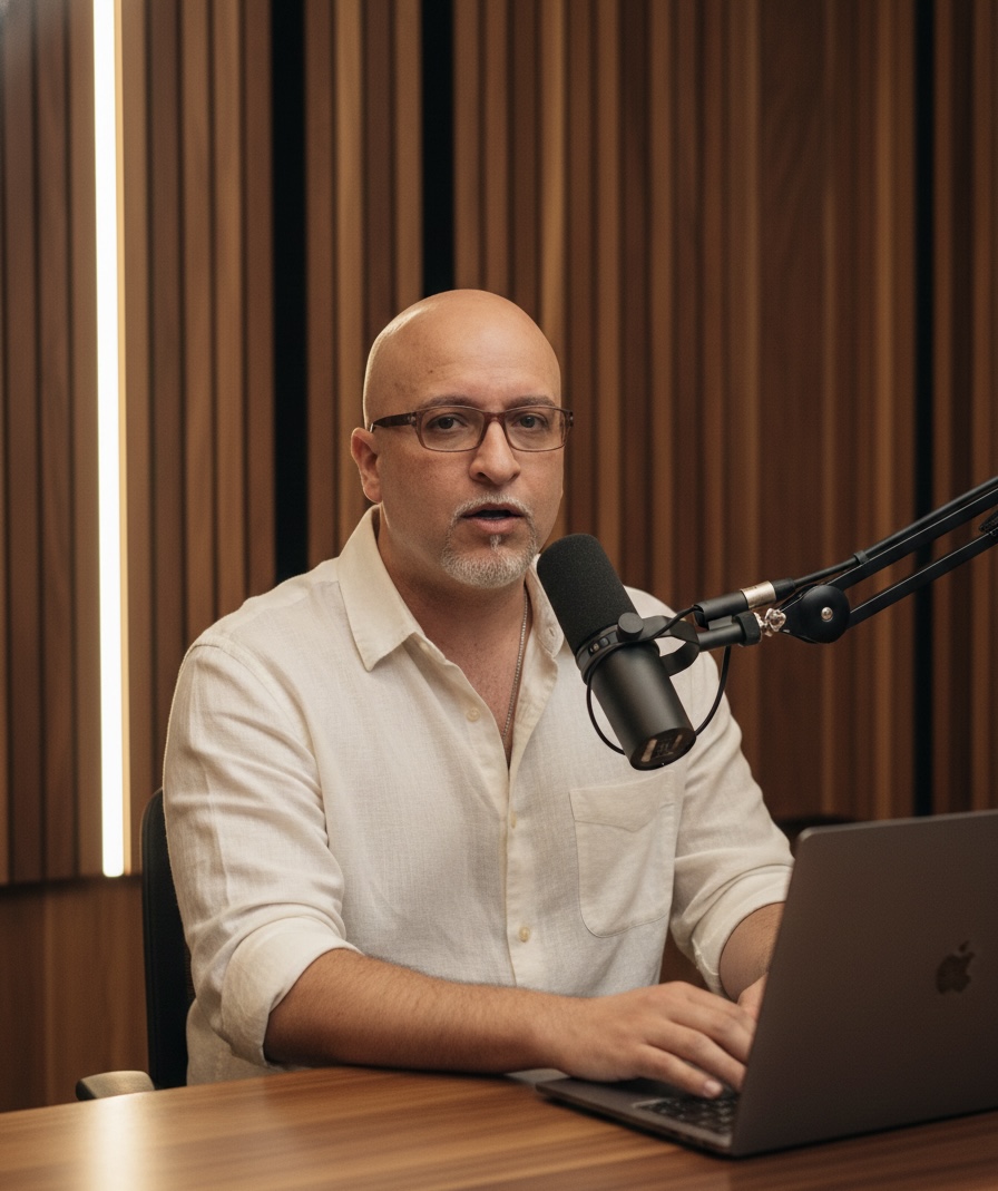 Man with glasses and a white shirt speaking into a microphone in a recording studio, using a laptop.
