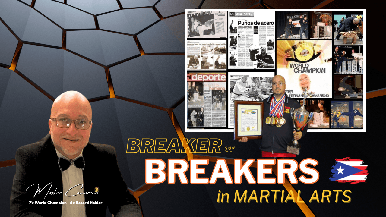 Man in tuxedo with glasses, collage of newspaper articles and photos related to martial arts, text 'BREAKERS in MARTIAL ARTS', and a dark hexagonal background.
