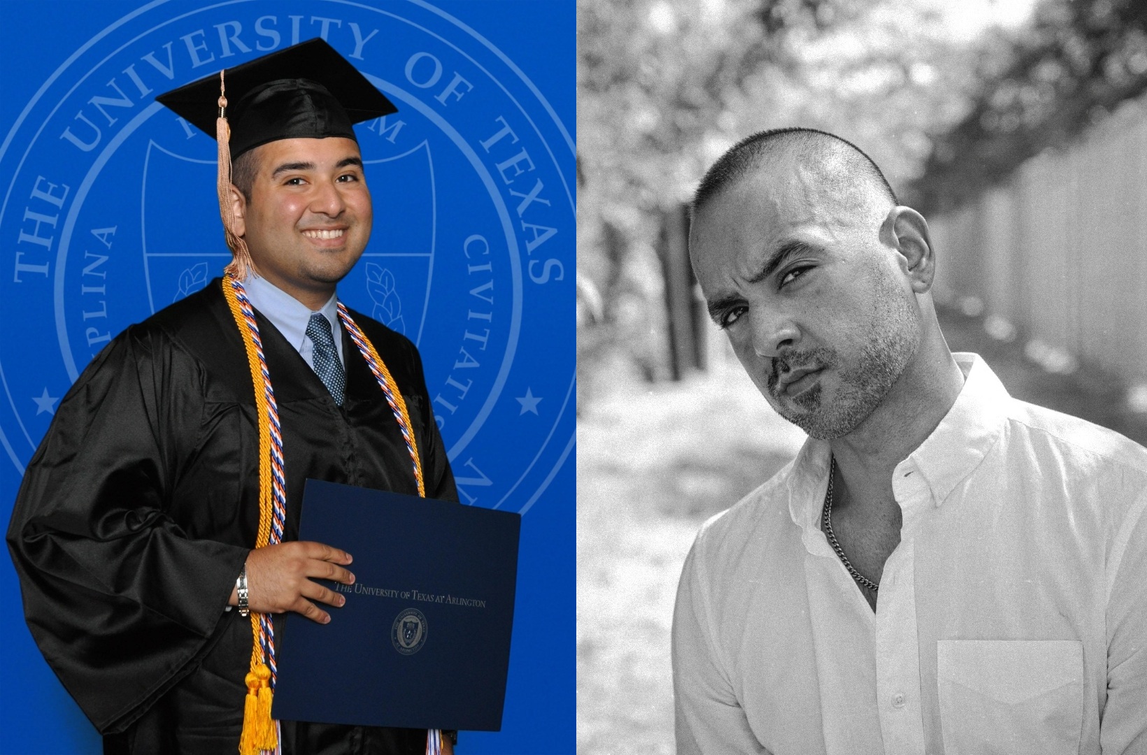 Graduation ceremony with a person in a cap and gown holding a diploma, smiling, with a university logo background.