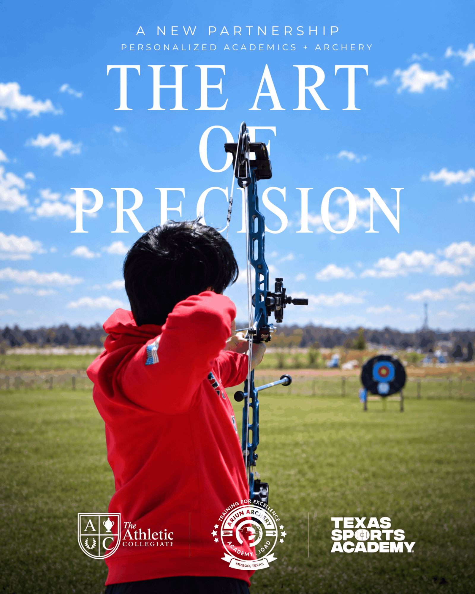 Child in red jacket aiming a bow and arrow outdoors with a target in the background under a blue sky with clouds.