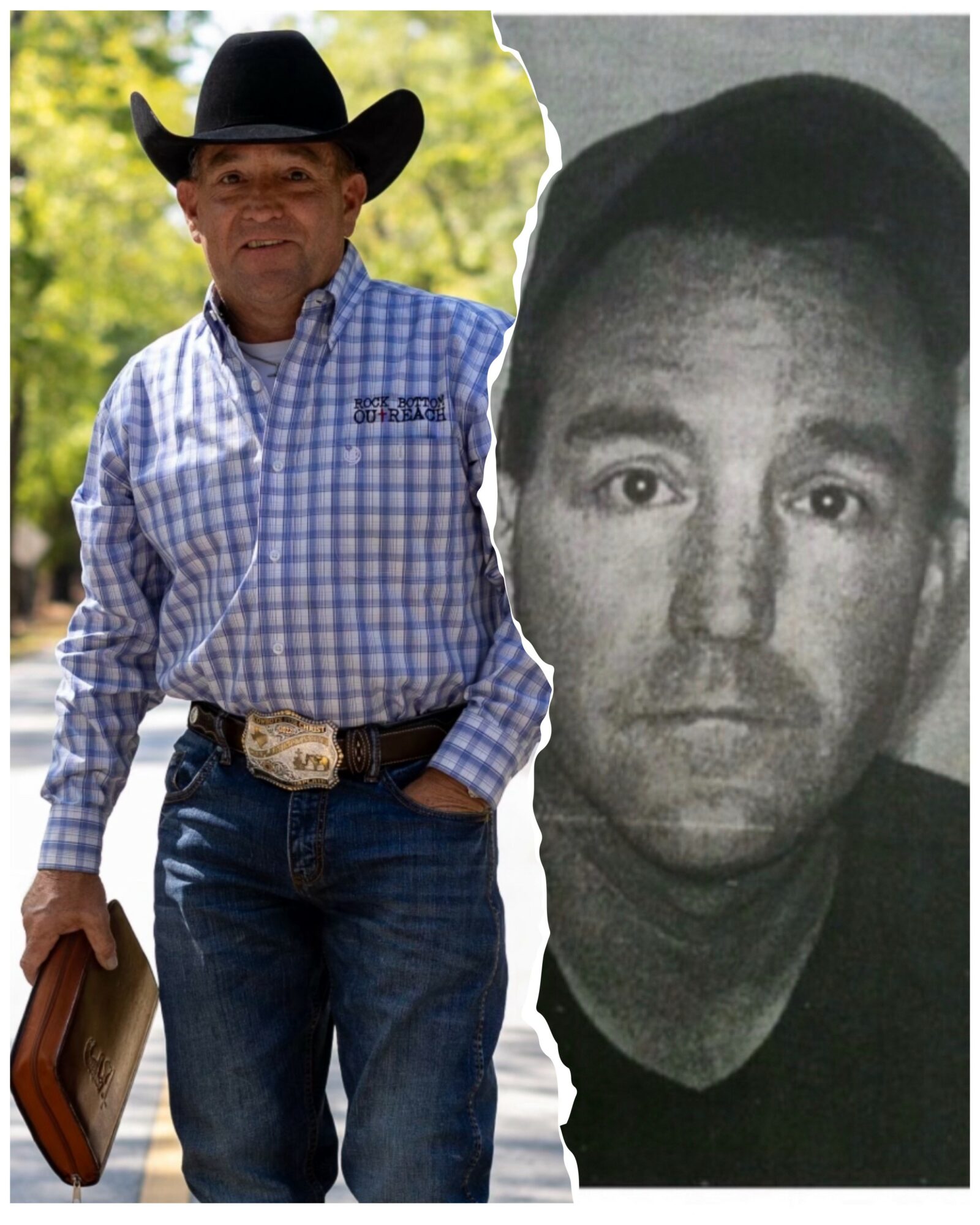 Two men, one in a cowboy hat and checkered shirt, the other in black and white, with a background of trees.