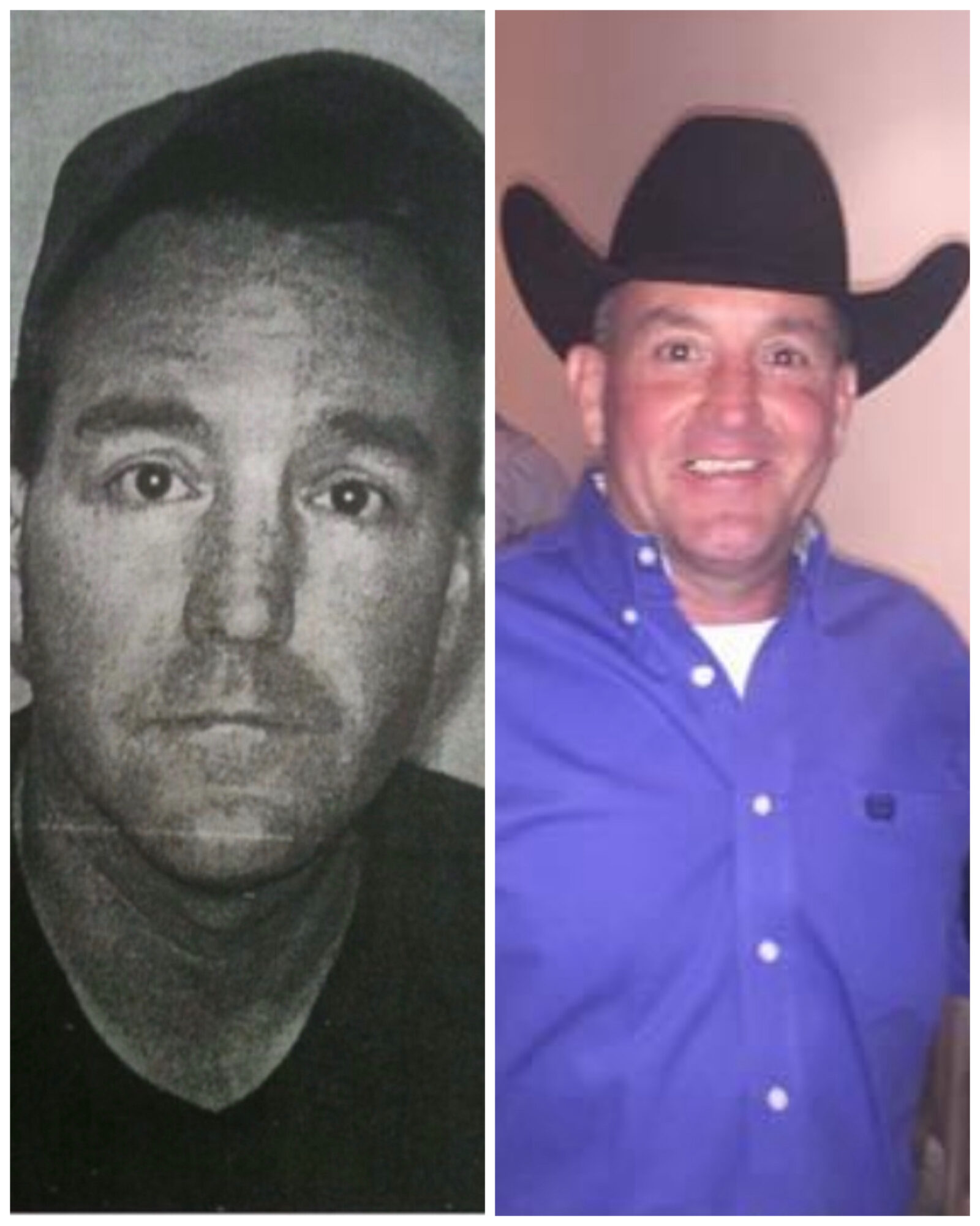 Side-by-side photos of a man, one in black and white, the other in color wearing a cowboy hat and blue shirt.