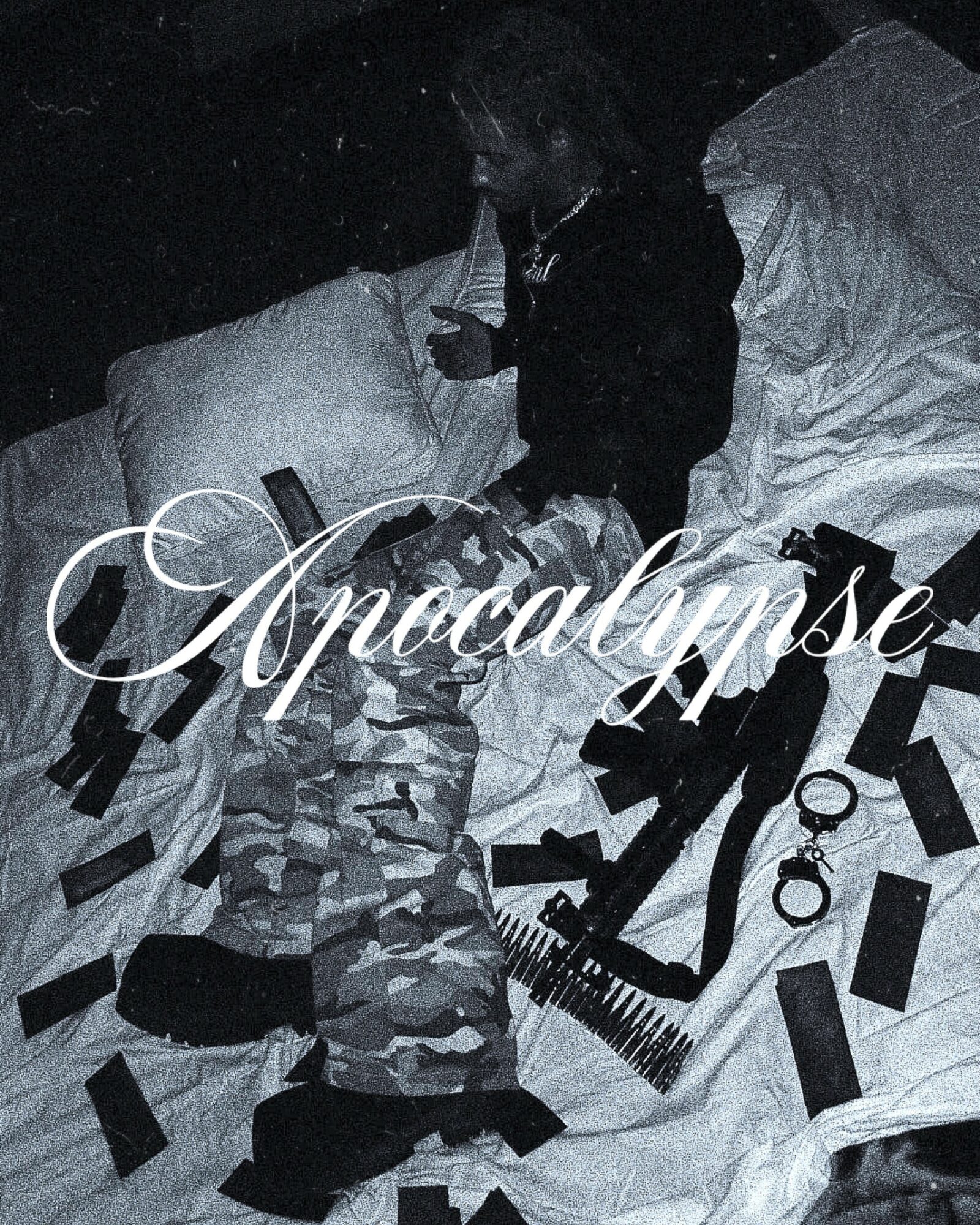 Person sitting on bed with scattered objects, holding a phone, in a dark room, with the word 'Apocalypse' overlayed.