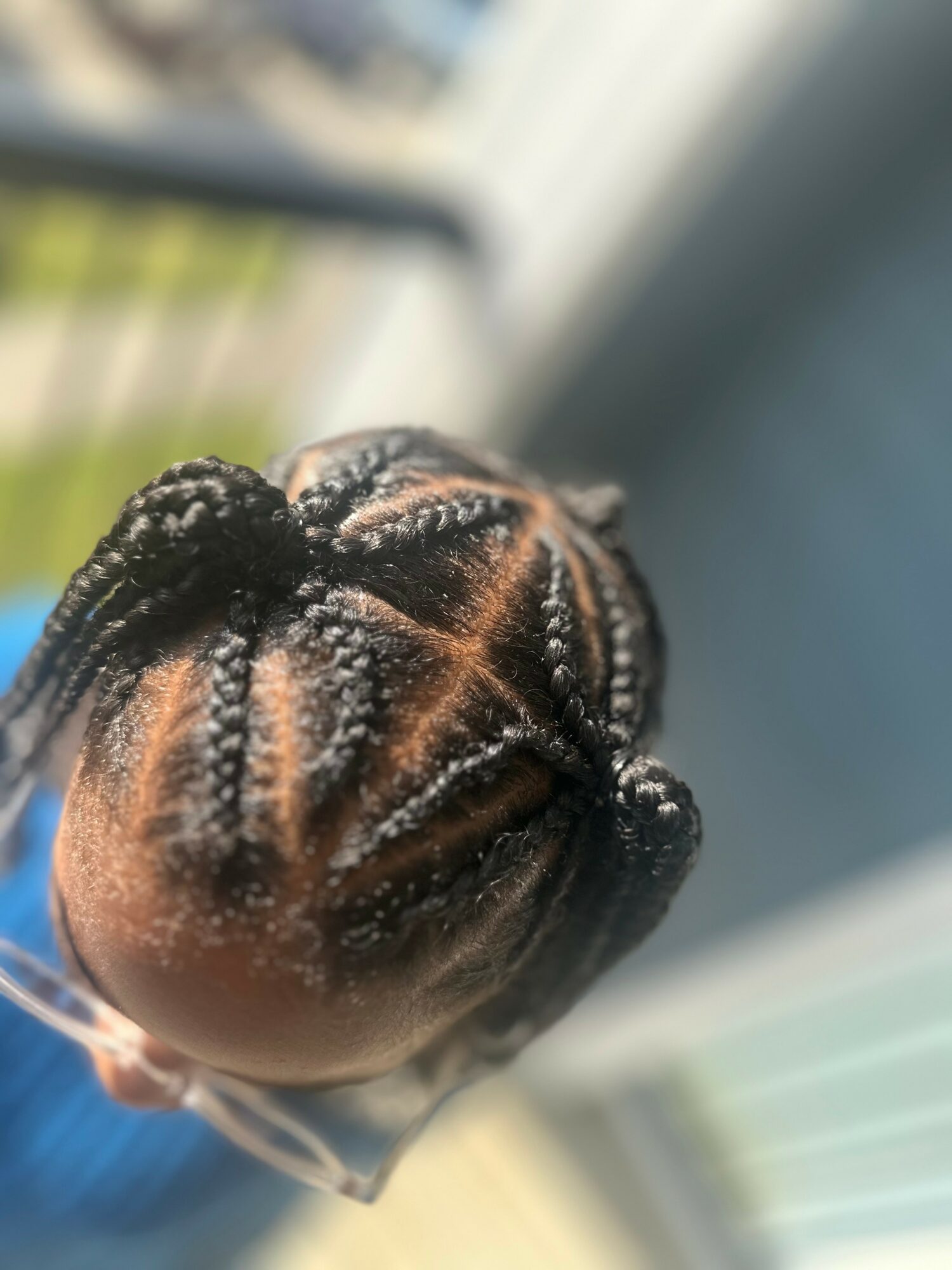 Child with braided hairstyle outdoors, sunlight on hair, blurred background, top view.