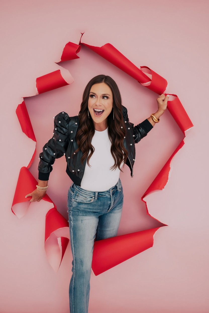 Woman with long dark hair smiling, wearing a black jacket and jeans, breaking through pink paper background.