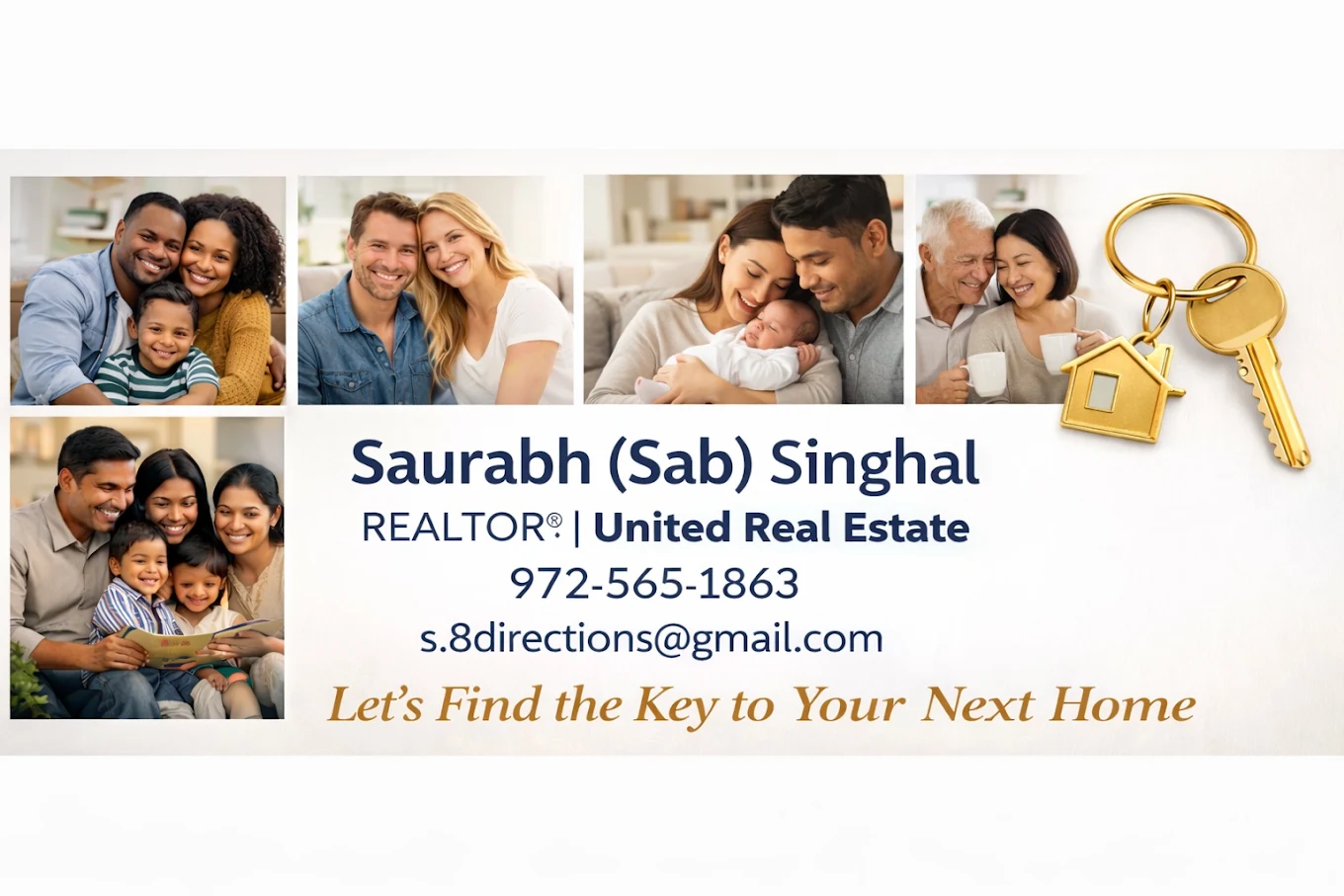 Business card for Saurabh Singhal, realtor, with family photos, a key, and a house key, and contact information.