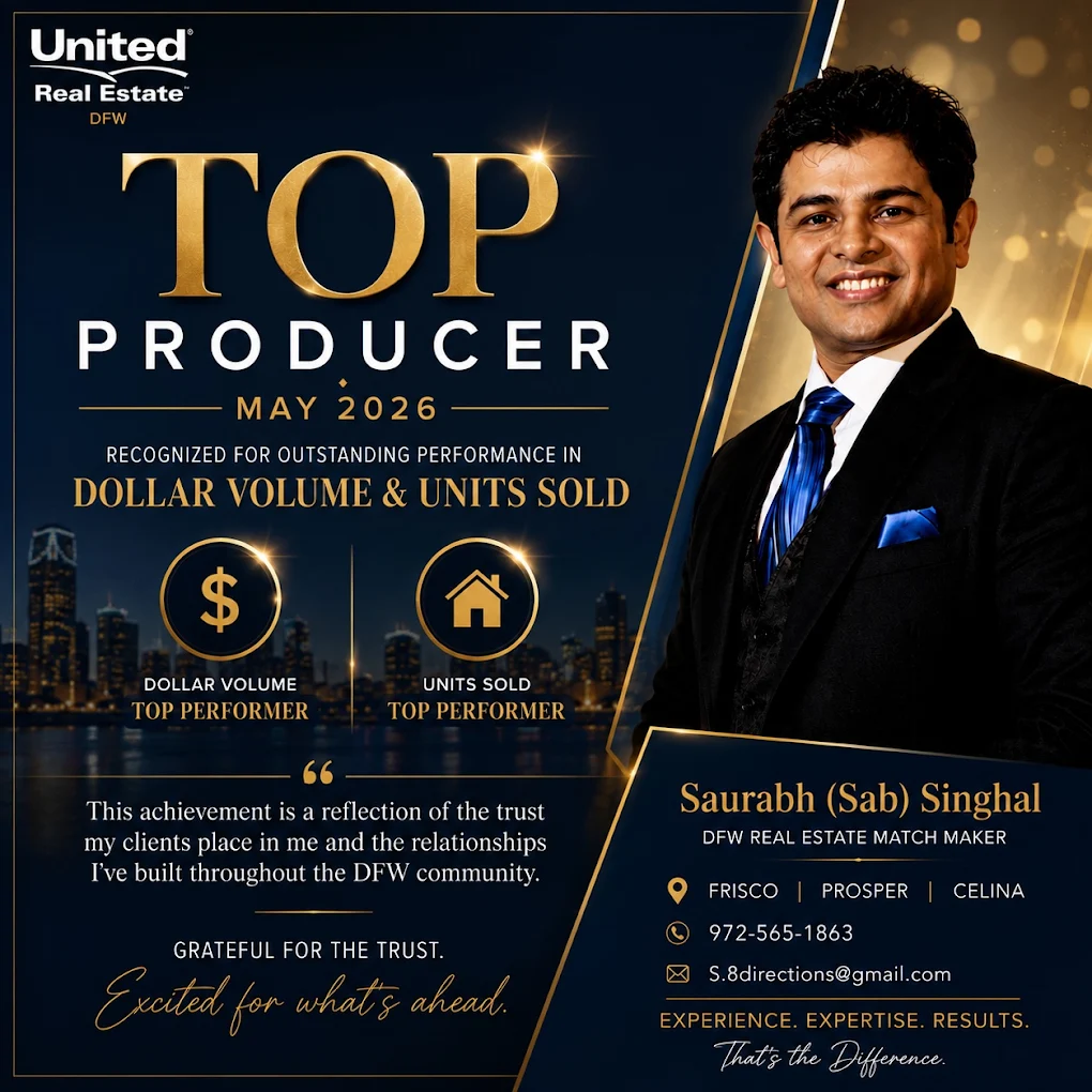 Smiling man in suit and tie on a promotional poster for top producer award, May 2026, with gold and blue background.