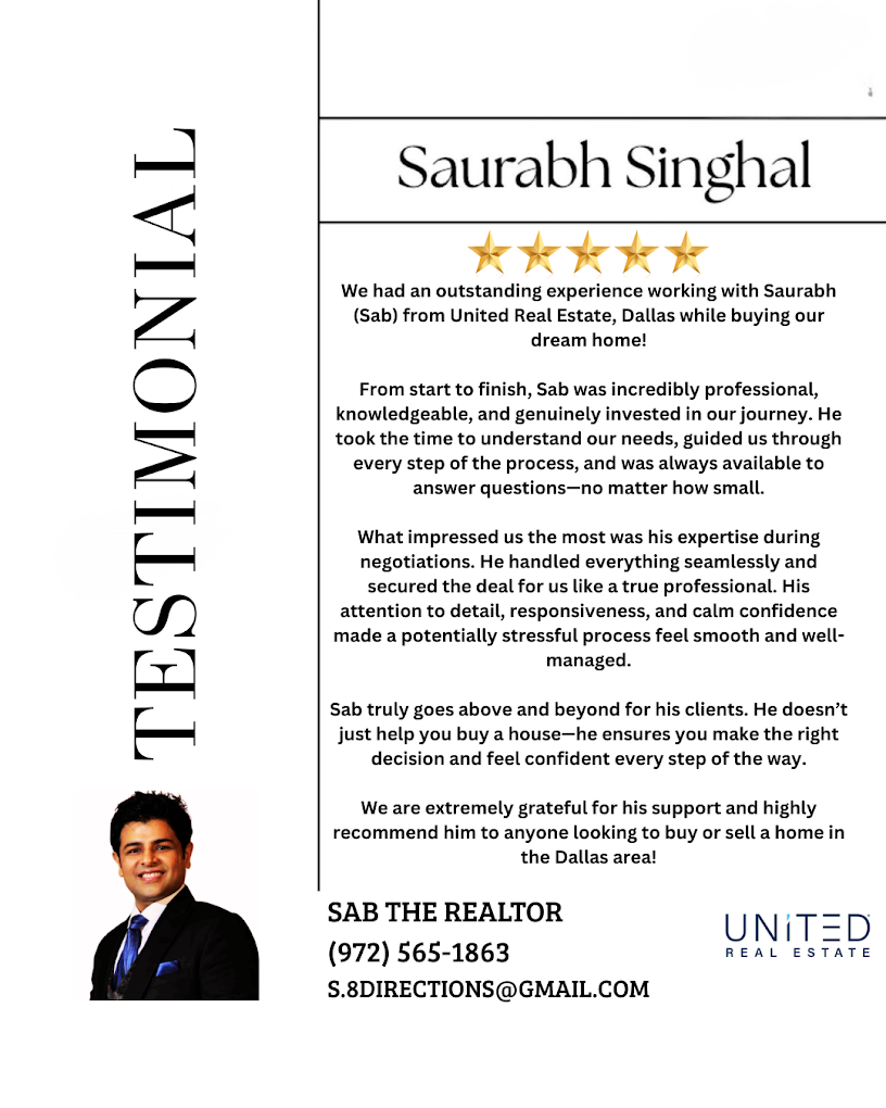 Business card with a photo of a man in a suit, contact details, and a testimonial about Saurabh Singhal, a real estate agent.